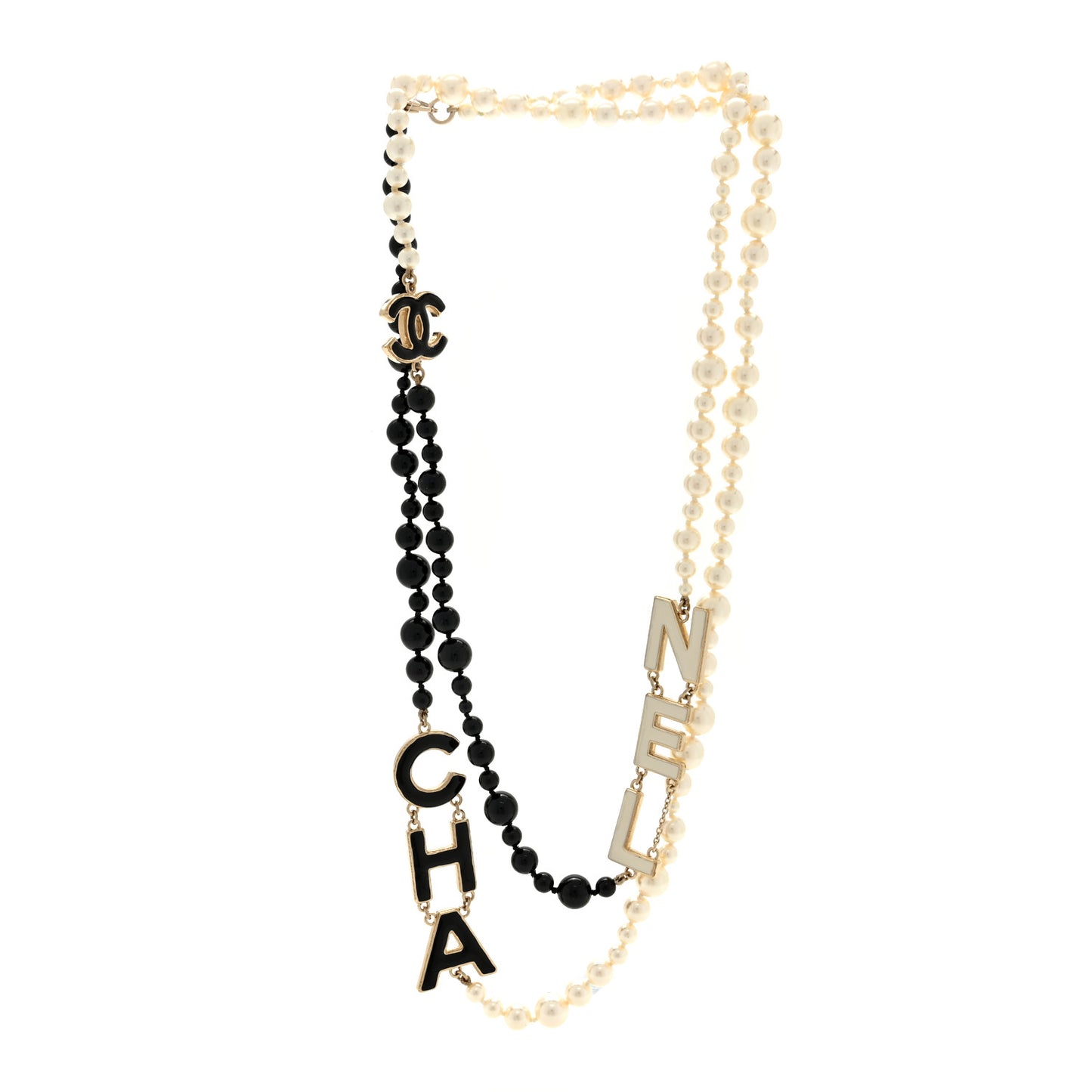 Metal Enamel Pearl Beaded Cha-Nel Logo CC Long Necklace Black White