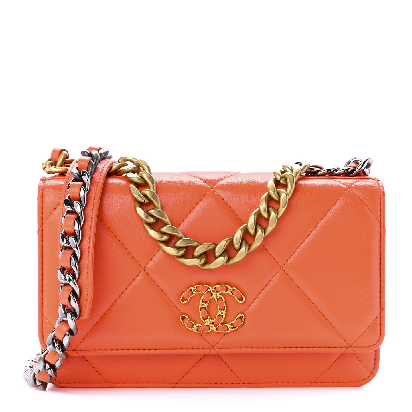 Lambskin Quilted Chanel 19 Wallet On Chain WOC Orange