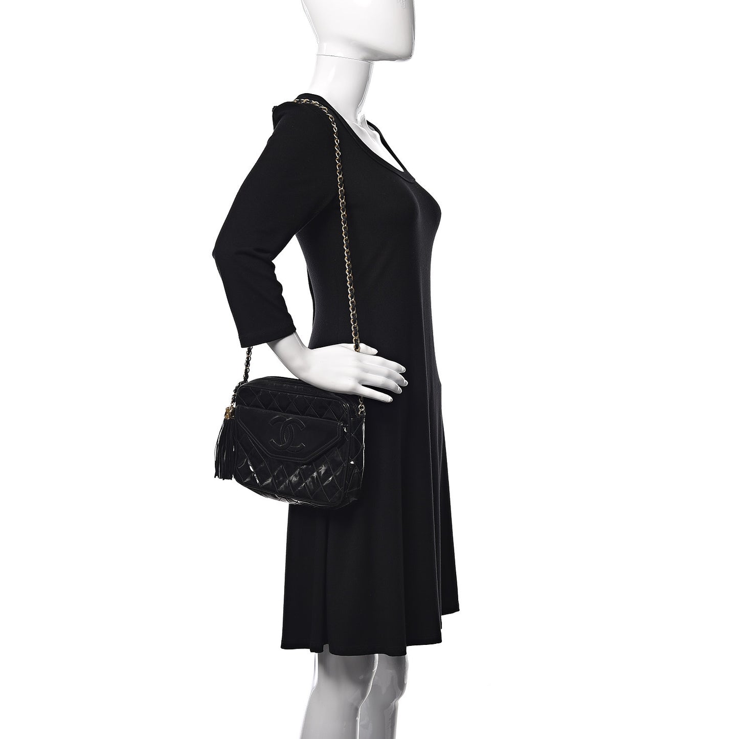 Patent Quilted Tassel Small Camera Case Black