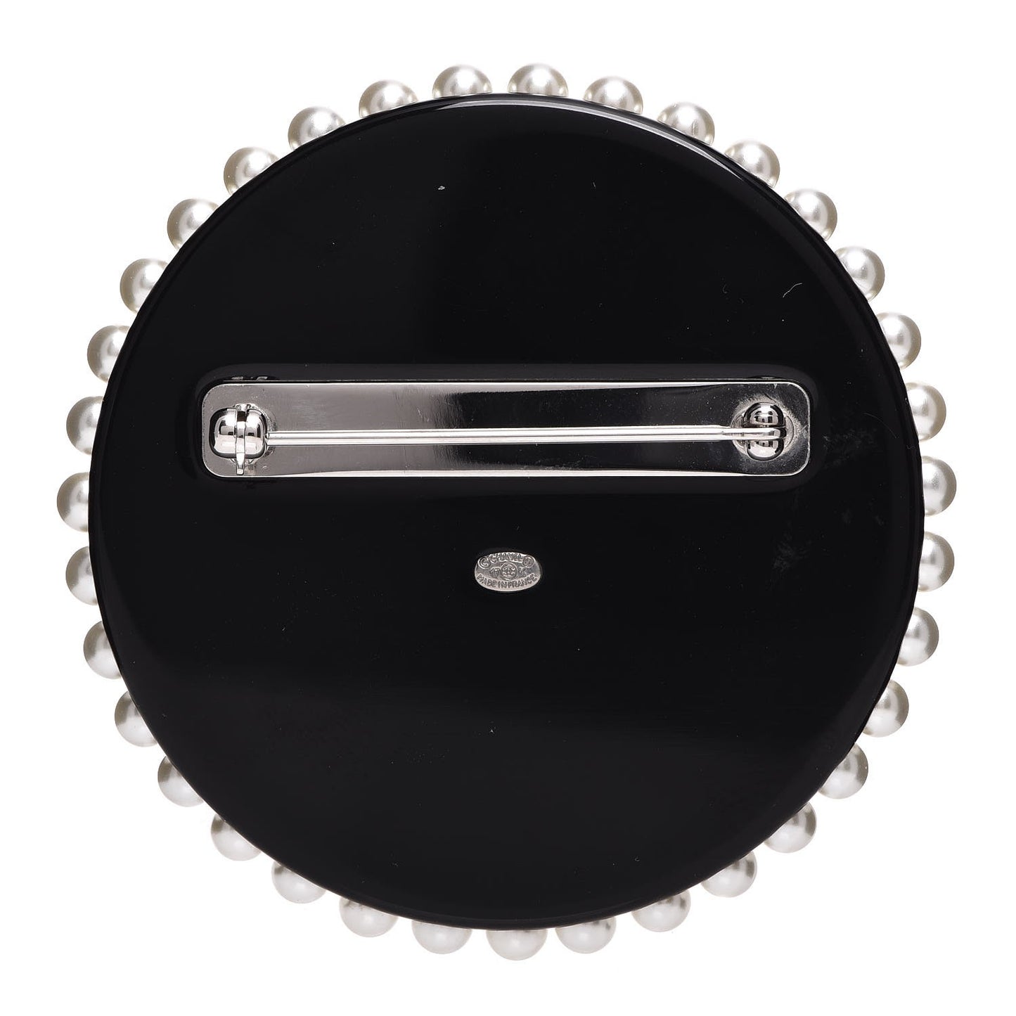 Glittered Resin Crystal Pearl CC Moon Pin Brooch Black Gold Silver
