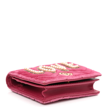 Gucci Velvet Matelasse Pearl Love Embroidered GG Marmont Card Case Wallet Light Raspberry Rose 4 of 10