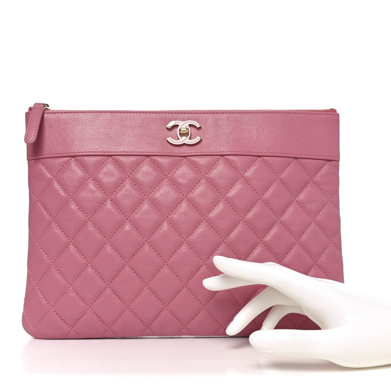 Chanel Sheepskin Quilted Mademoiselle Vintage Large Zip Pouch Pink 4 of 18