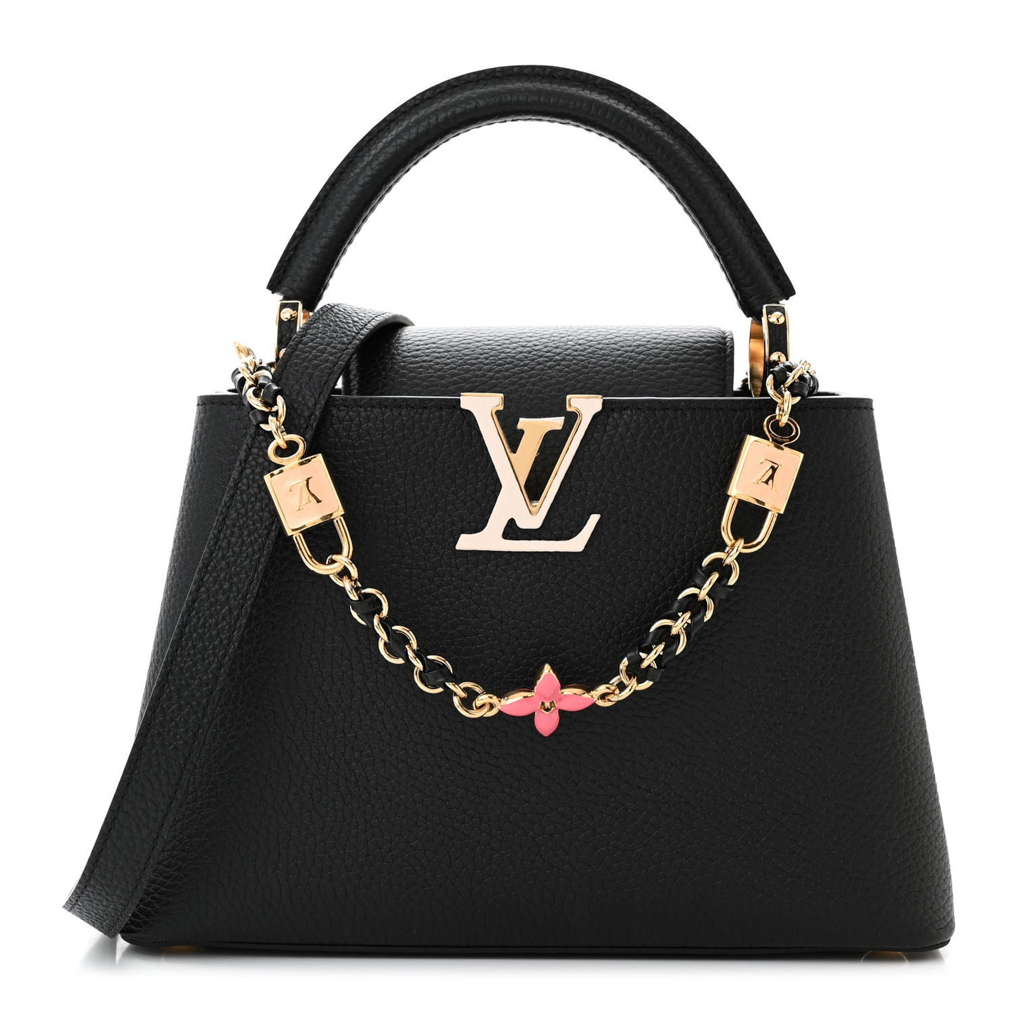 Taurillon Enamel Flower Padlock Chain Capucines BB Black