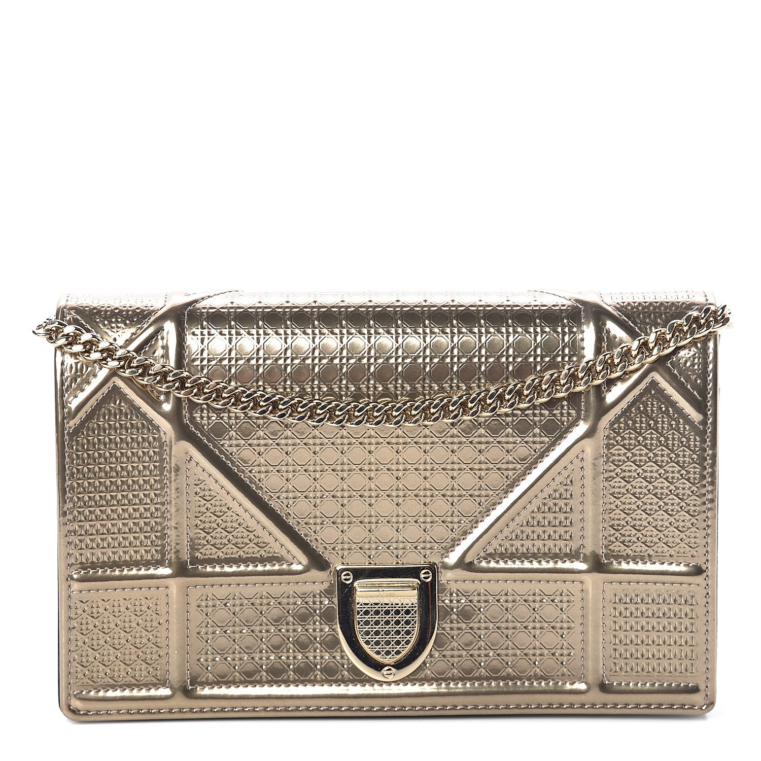 Christian Dior Metallic Patent Micro-Cannage Diorama Wallet on Chain Pouch Gold 1 of 9