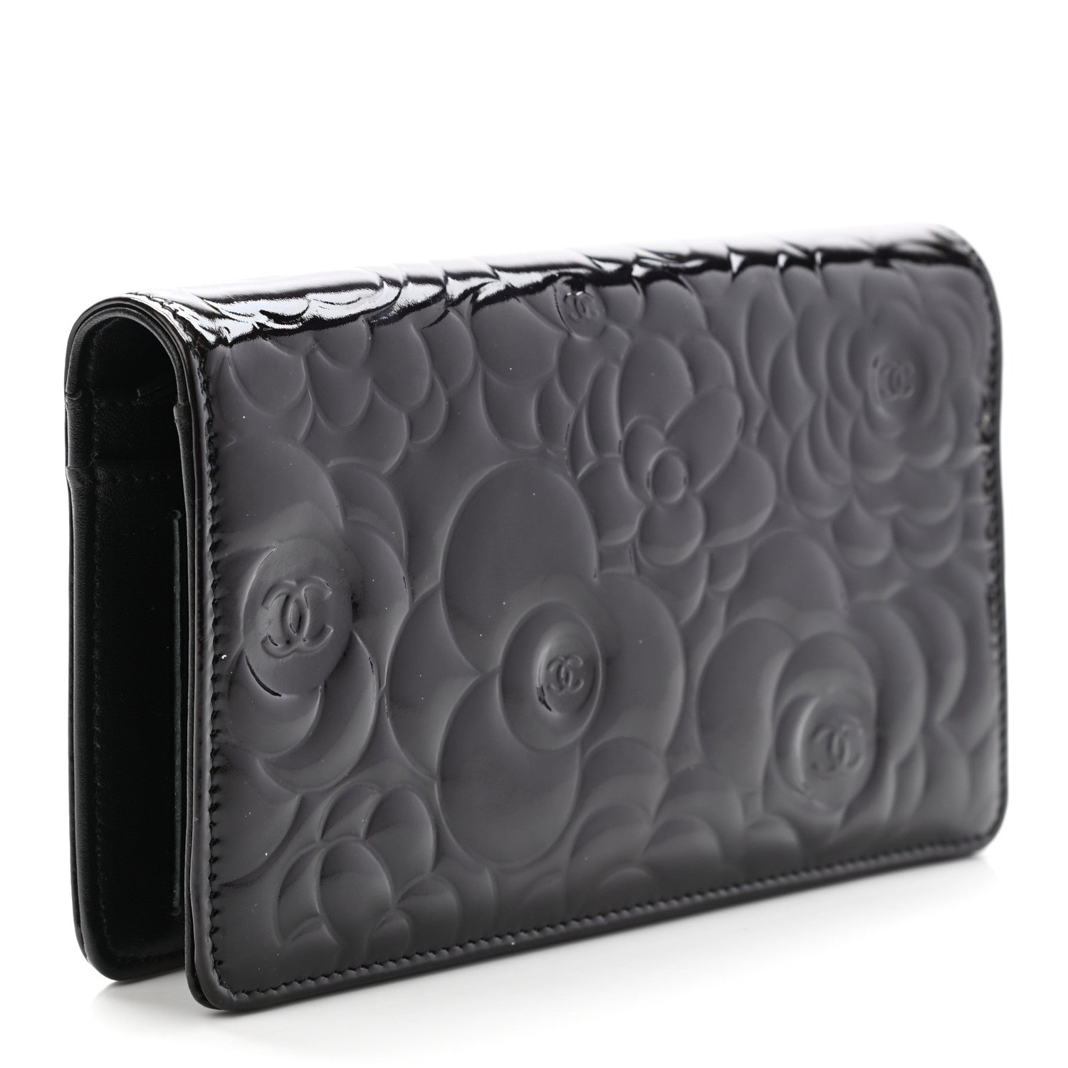 Chanel Patent Camellia Embossed Yen Wallet Black 3 of 10