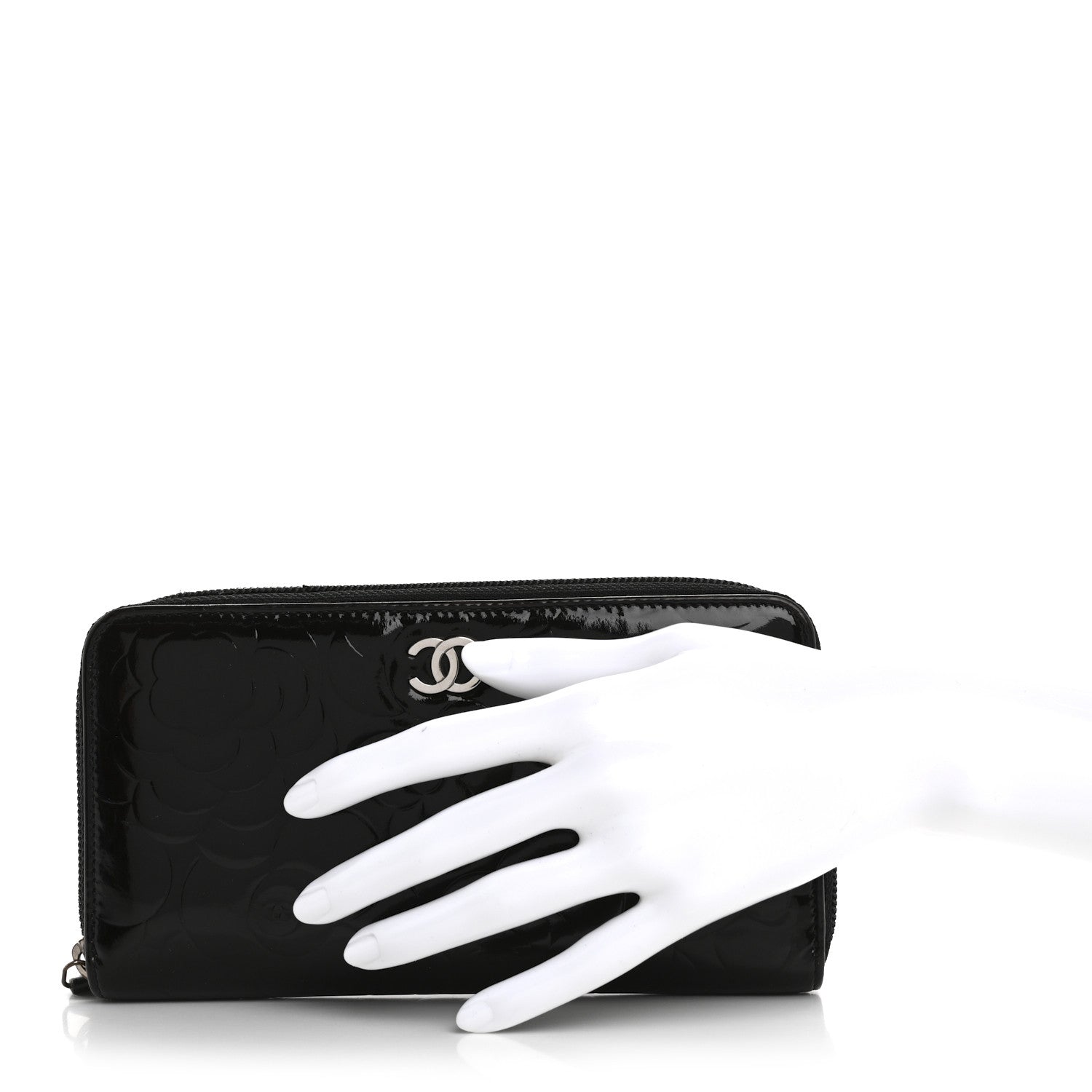 Chanel Patent Camellia Embossed Large Zip Around Gusset Wallet Black 2 of 14