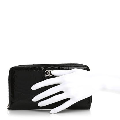 Chanel Patent Camellia Embossed Large Zip Around Gusset Wallet Black 2 of 14