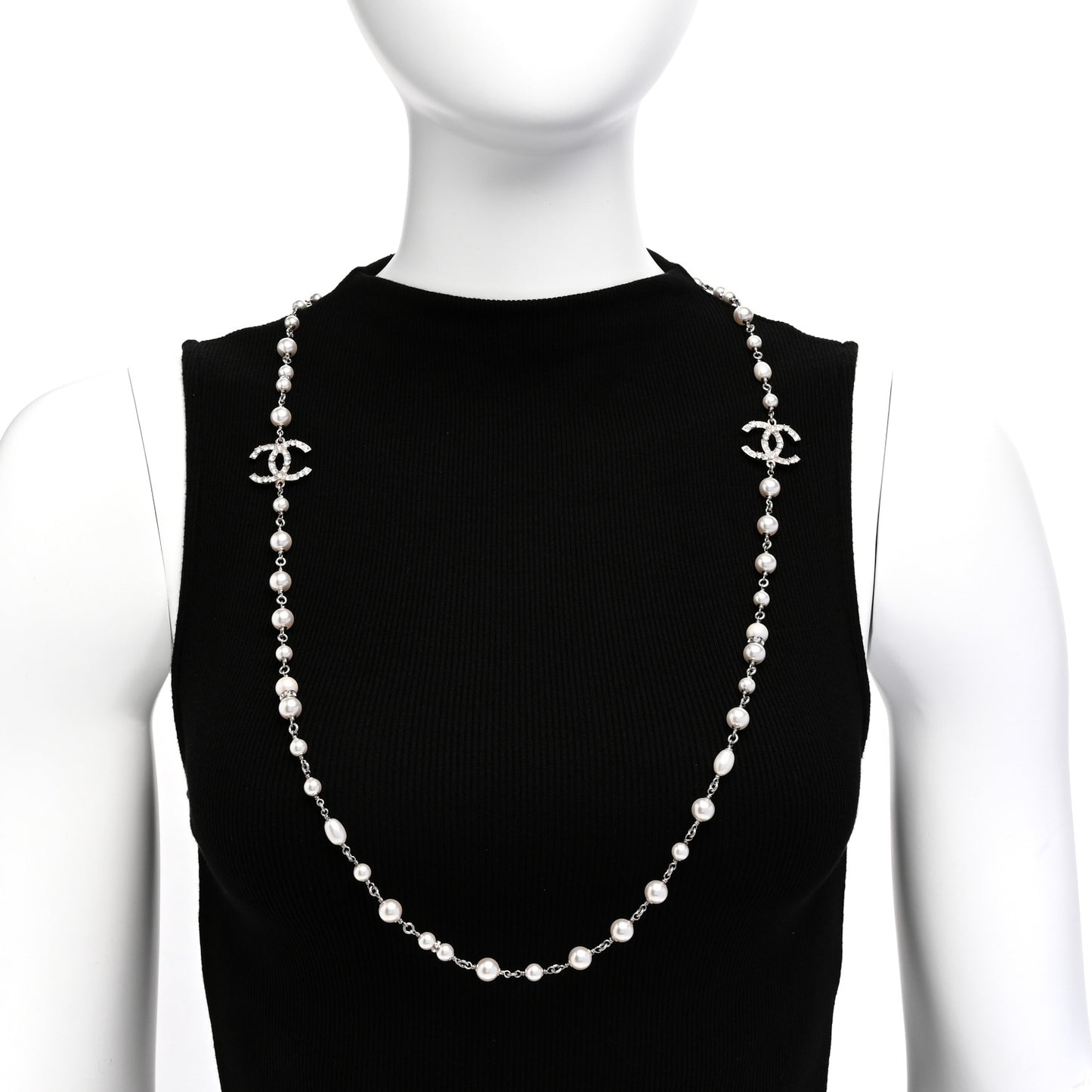 Metal Crystal Pearl CC Long Necklace Silver