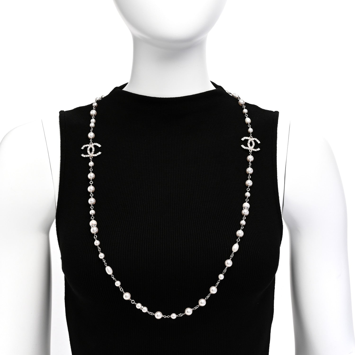Chanel Metal Crystal Pearl CC Long Necklace Silver 2 of 5