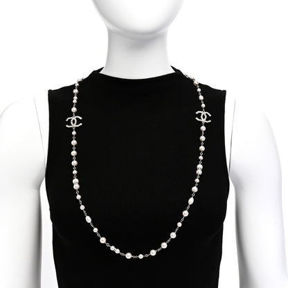 Chanel Metal Crystal Pearl CC Long Necklace Silver 2 of 5