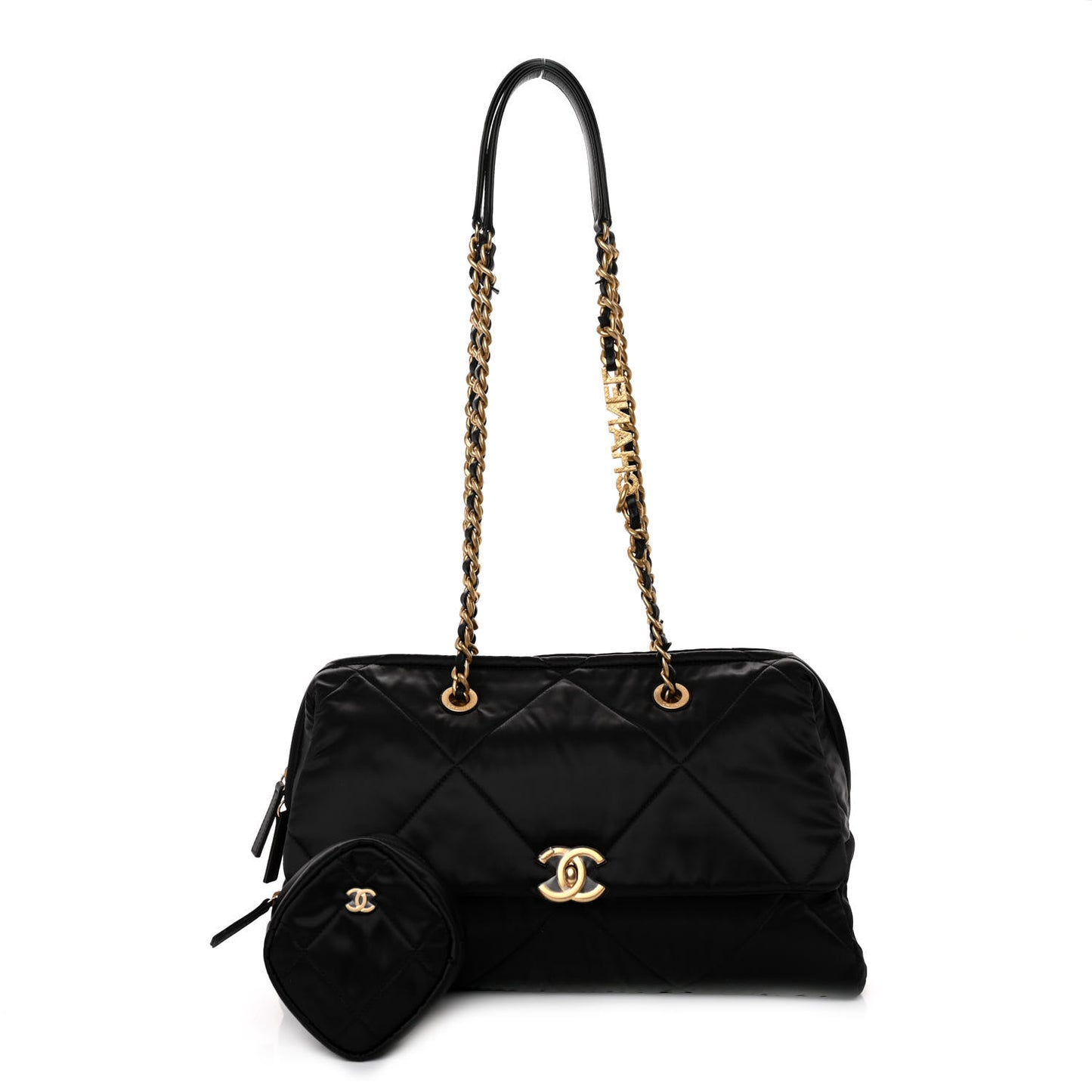 Satin Quilted Large Bowling Bag Flap Black