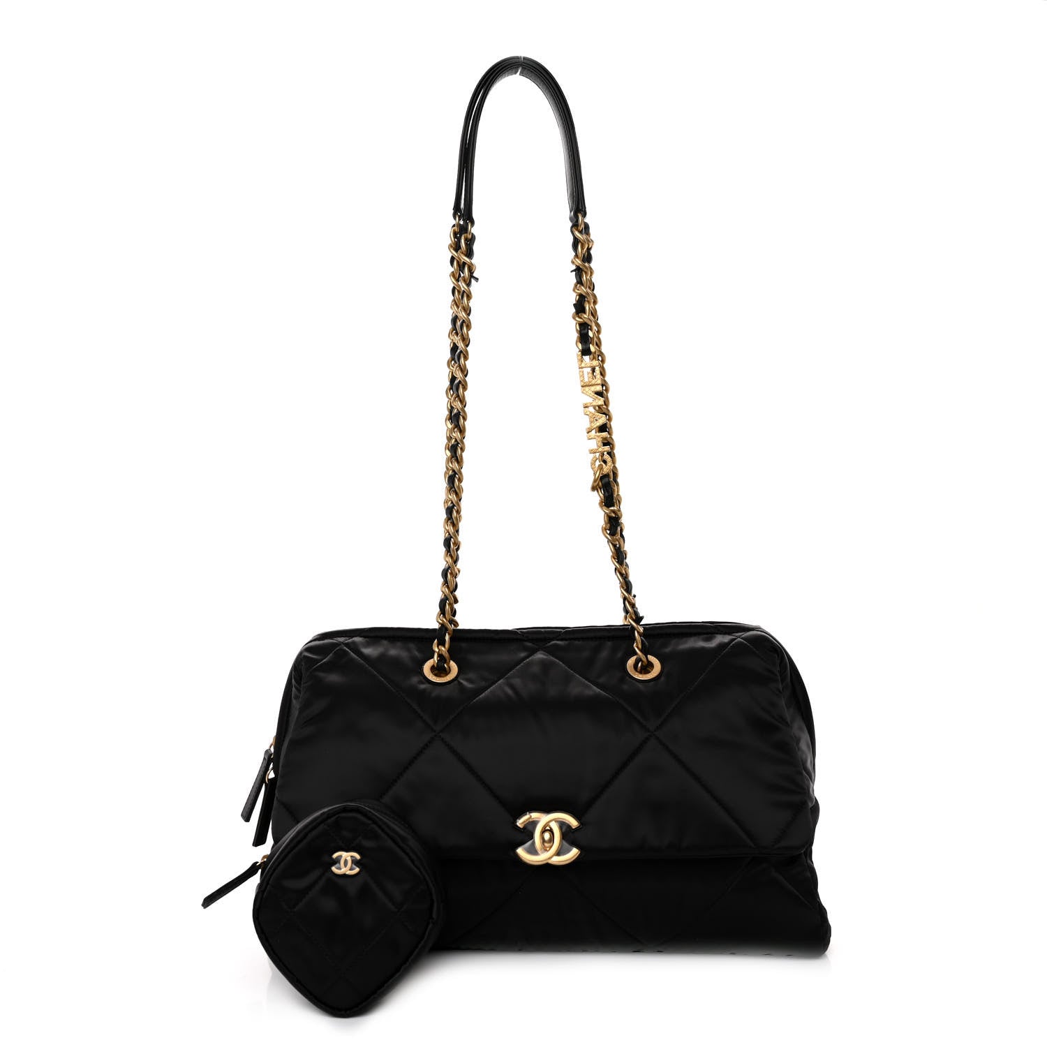 Chanel Satin Quilted Large Bowling Bag Flap Black 3 of 10