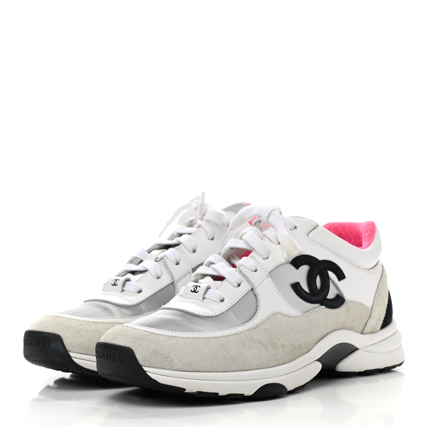Calfskin Fabric Sneakers 40 White Silver Fluo Pink