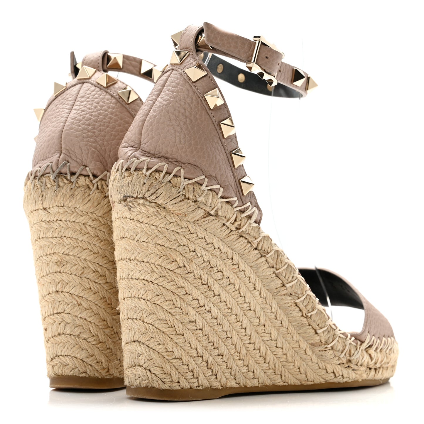 Grained Calfskin Rockstud Ankle Strap Espadrille 15/105mm Wedge Sandals 35 Rose Quartz Natural