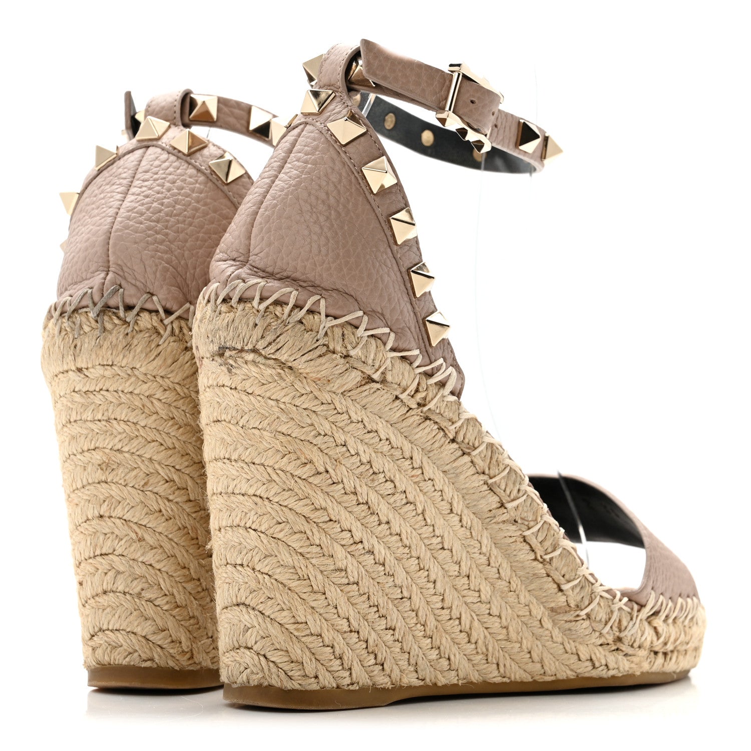 Valentino Garavani Grained Calfskin Rockstud Ankle Strap Espadrille 15/105mm Wedge Sandals 35 Rose Quartz Natural 5 of 13