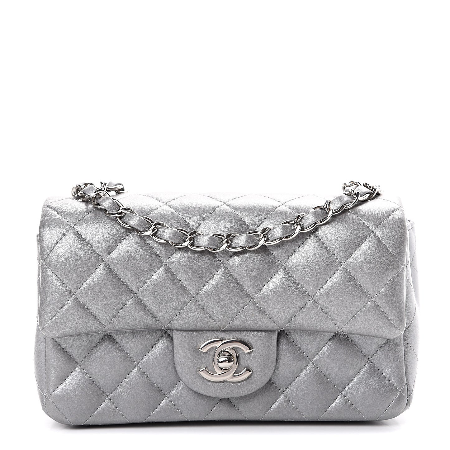 Metallic Lambskin Quilted Mini Rectangular Flap Silver
