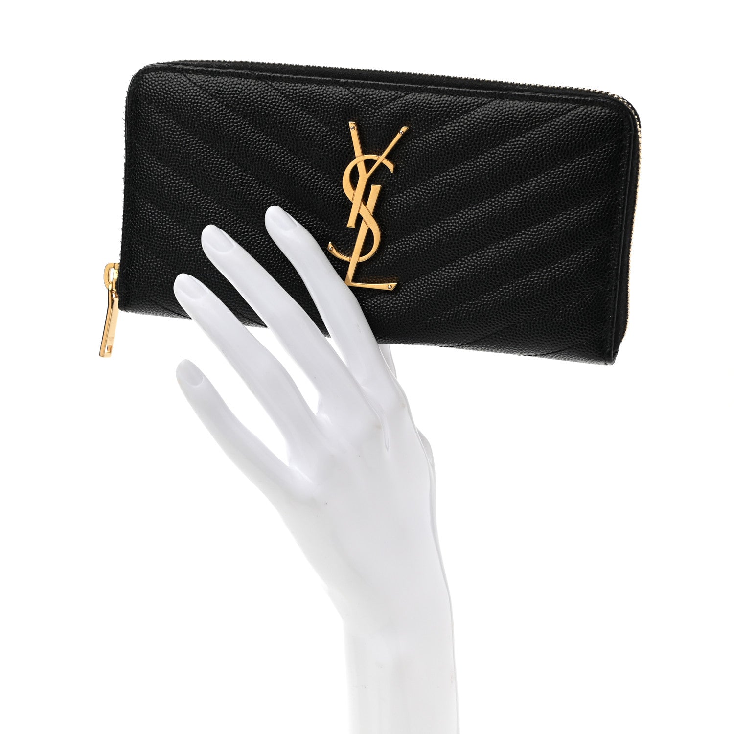 Saint Laurent Grain De Poudre Matelasse Chevron Monogram Zip Around Wallet Black 2 of 10