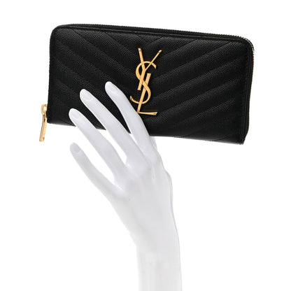 Saint Laurent Grain De Poudre Matelasse Chevron Monogram Zip Around Wallet Black 2 of 10