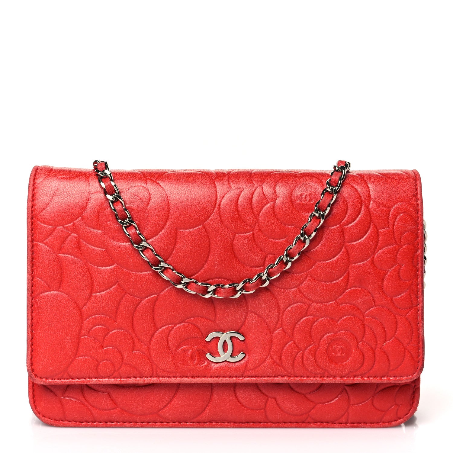 Chanel Lambskin Camellia Embossed Wallet on Chain WOC Red 1 of 13