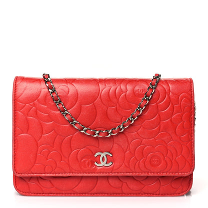 Chanel Lambskin Camellia Embossed Wallet on Chain WOC Red 1 of 13