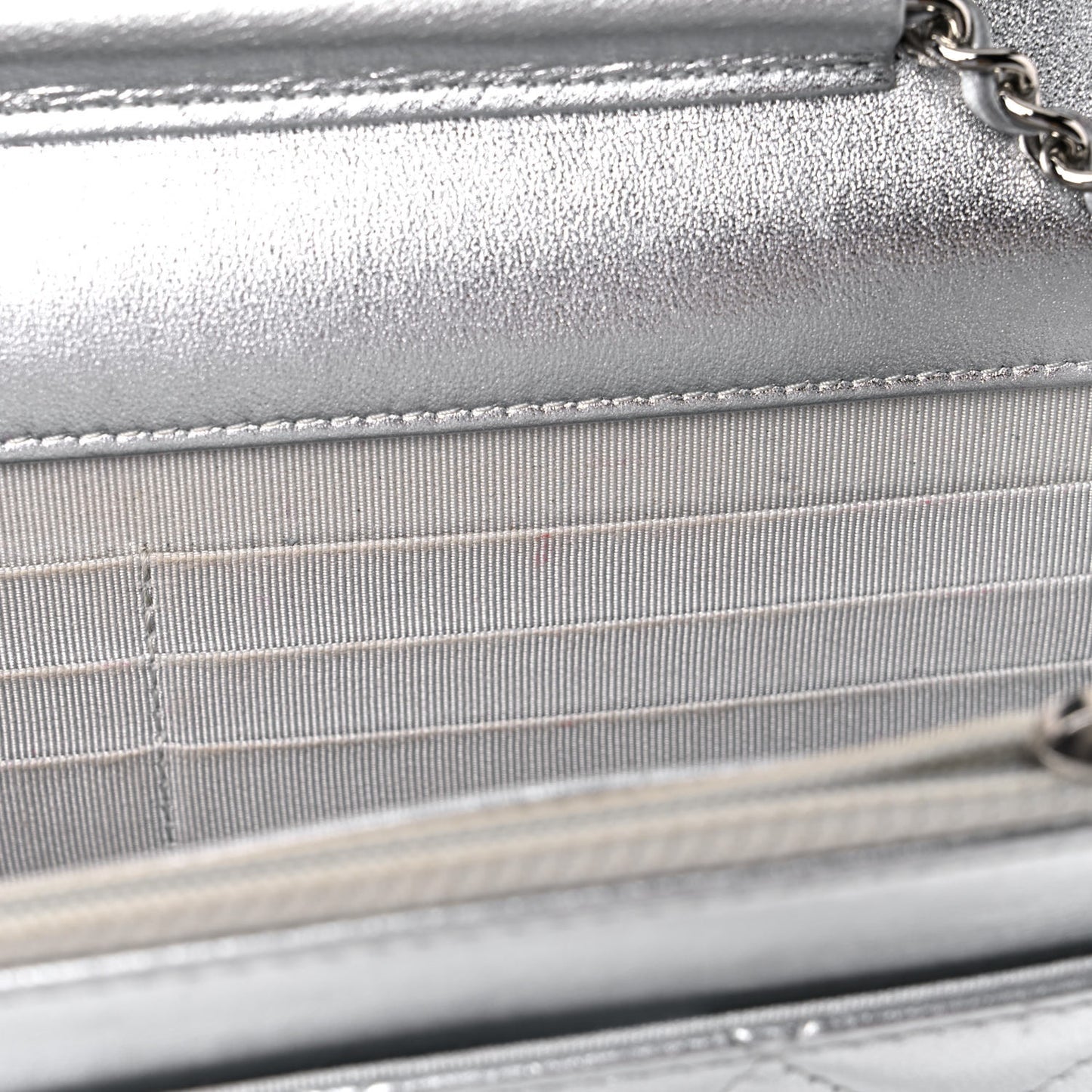 Metallic Lambskin Quilted Wallet On Chain WOC Silver