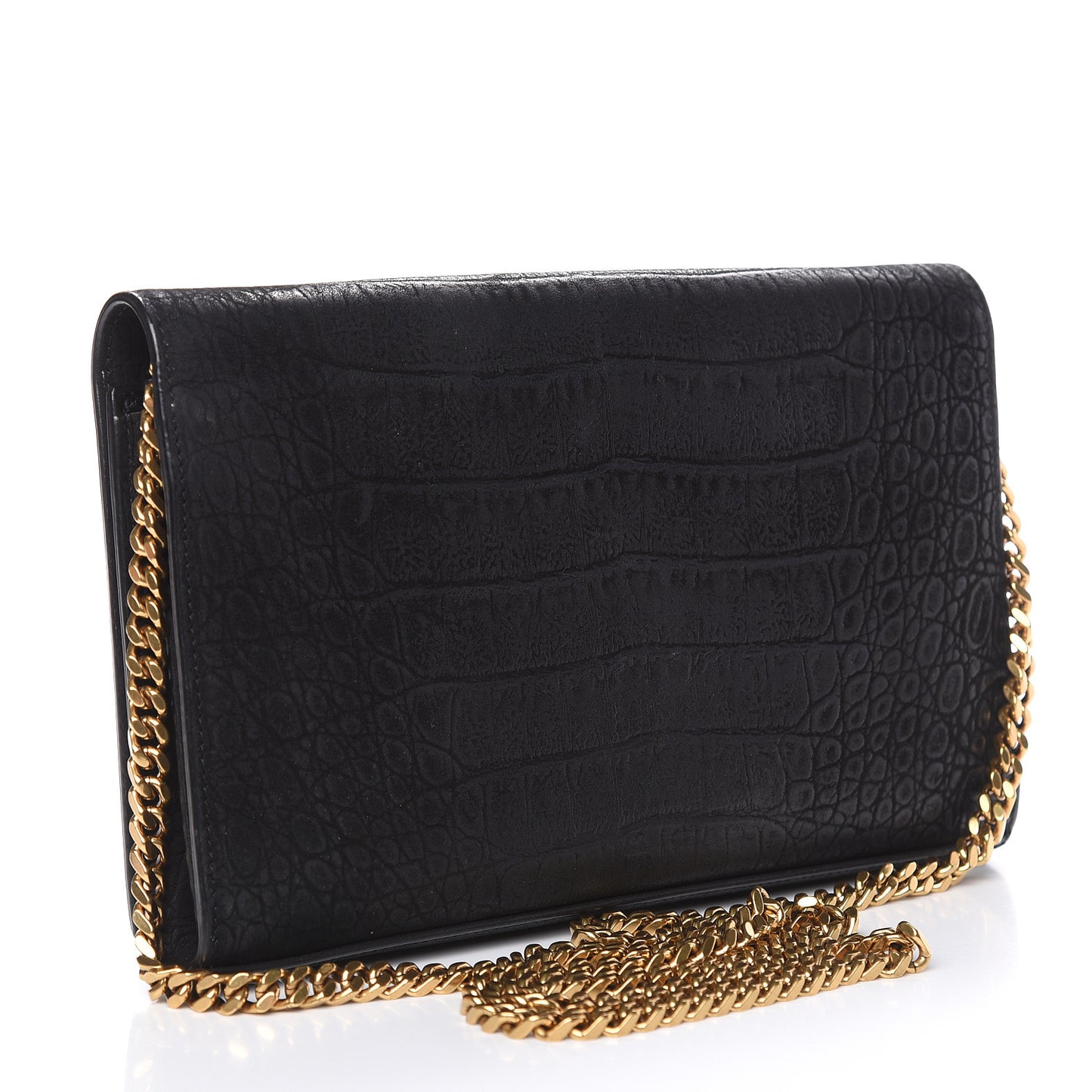 Crocodile Embossed Nubuck Monogram Chain Wallet in Black