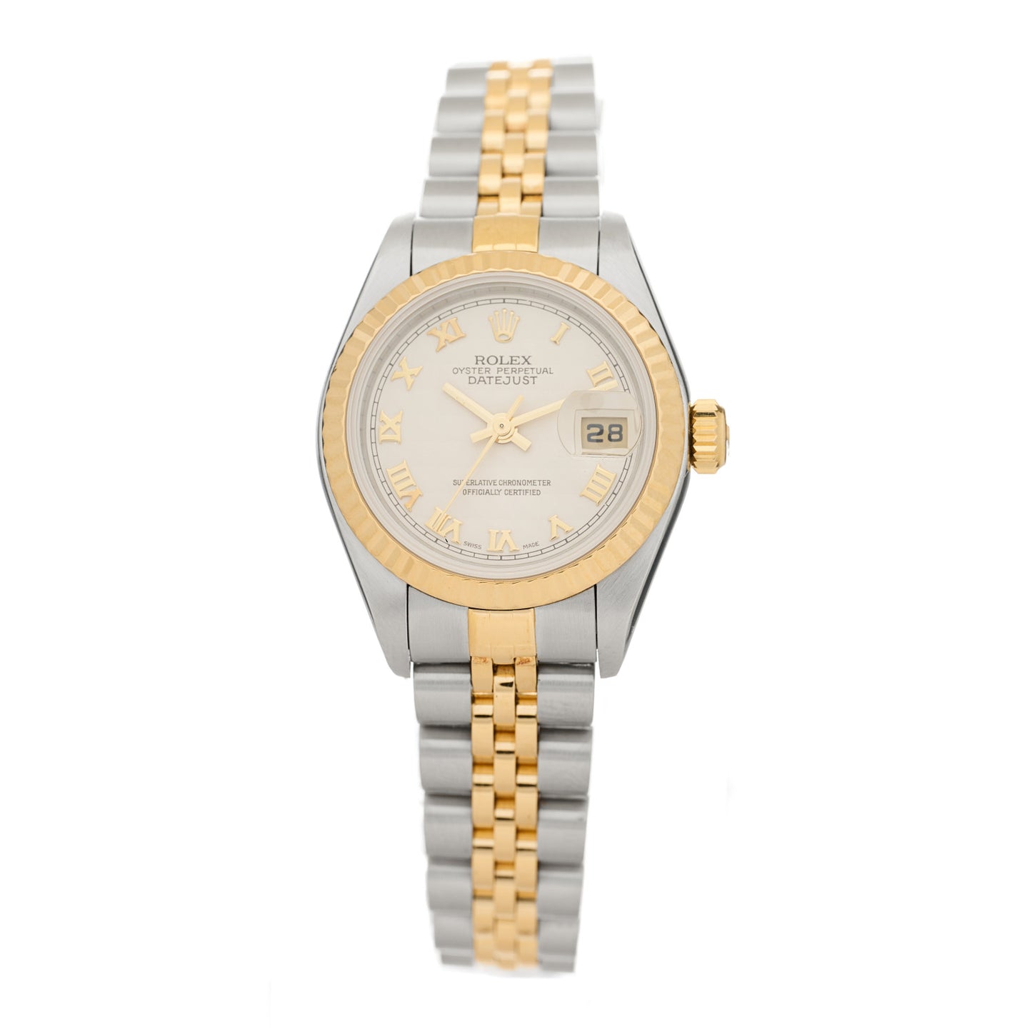 Stainless Steel 18K Yellow Gold 26mm Oyster Perpetual Datejust Watch White Pyramid Roman 79173