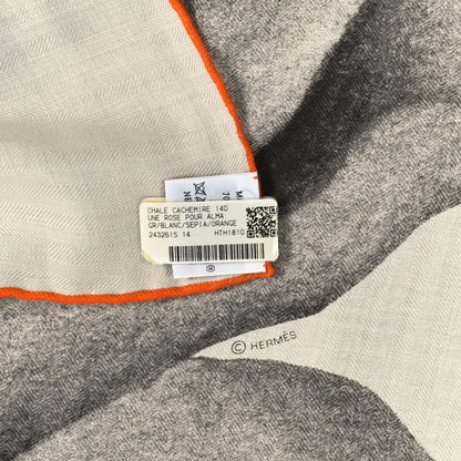 Hermes Cashmere Silk Une Rose Pour Alma Shawl 140 White Sepia Orange 3 of 3