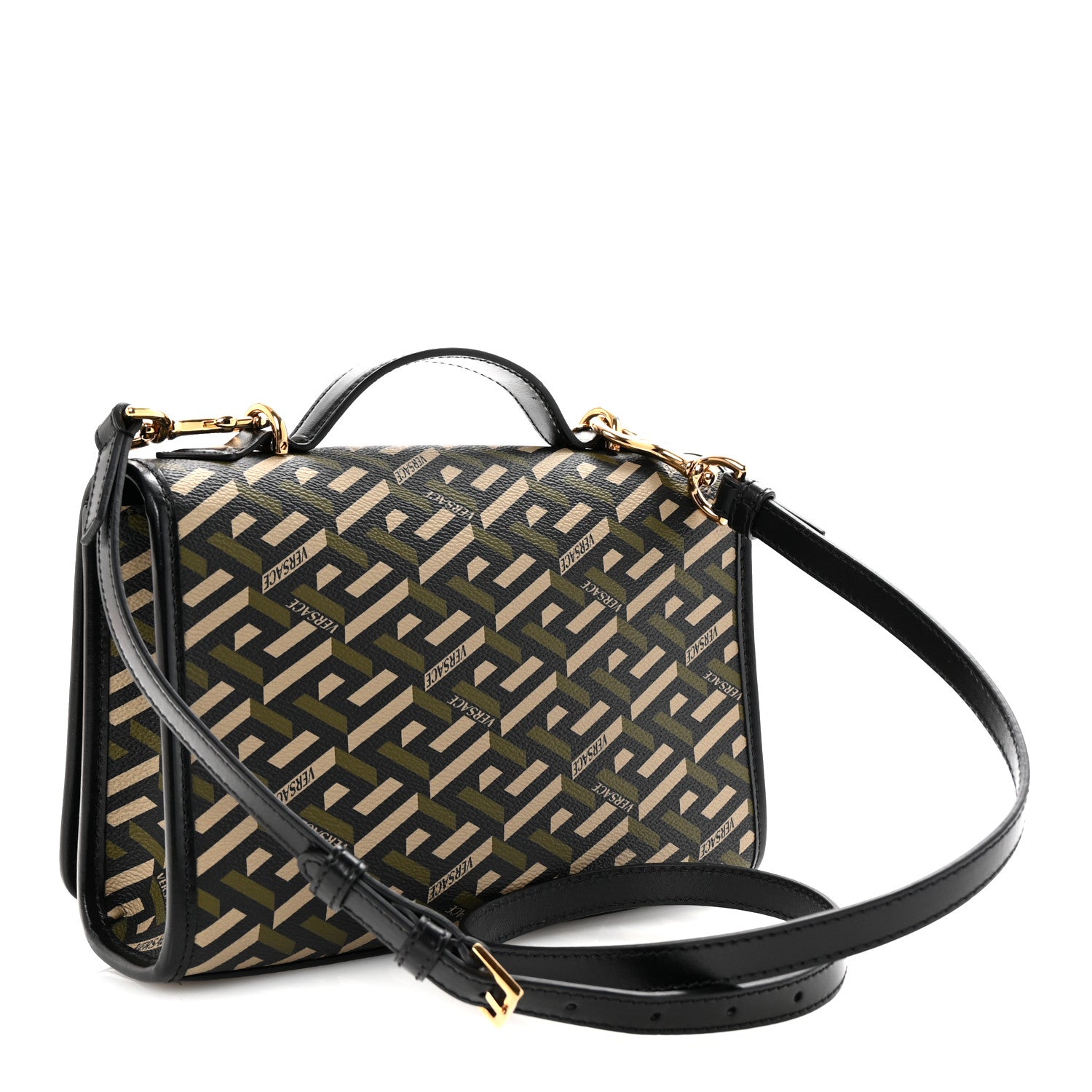 Versace Coated Canvas La Greca Signature Top Handle Bag Black Khaki 3 of 9