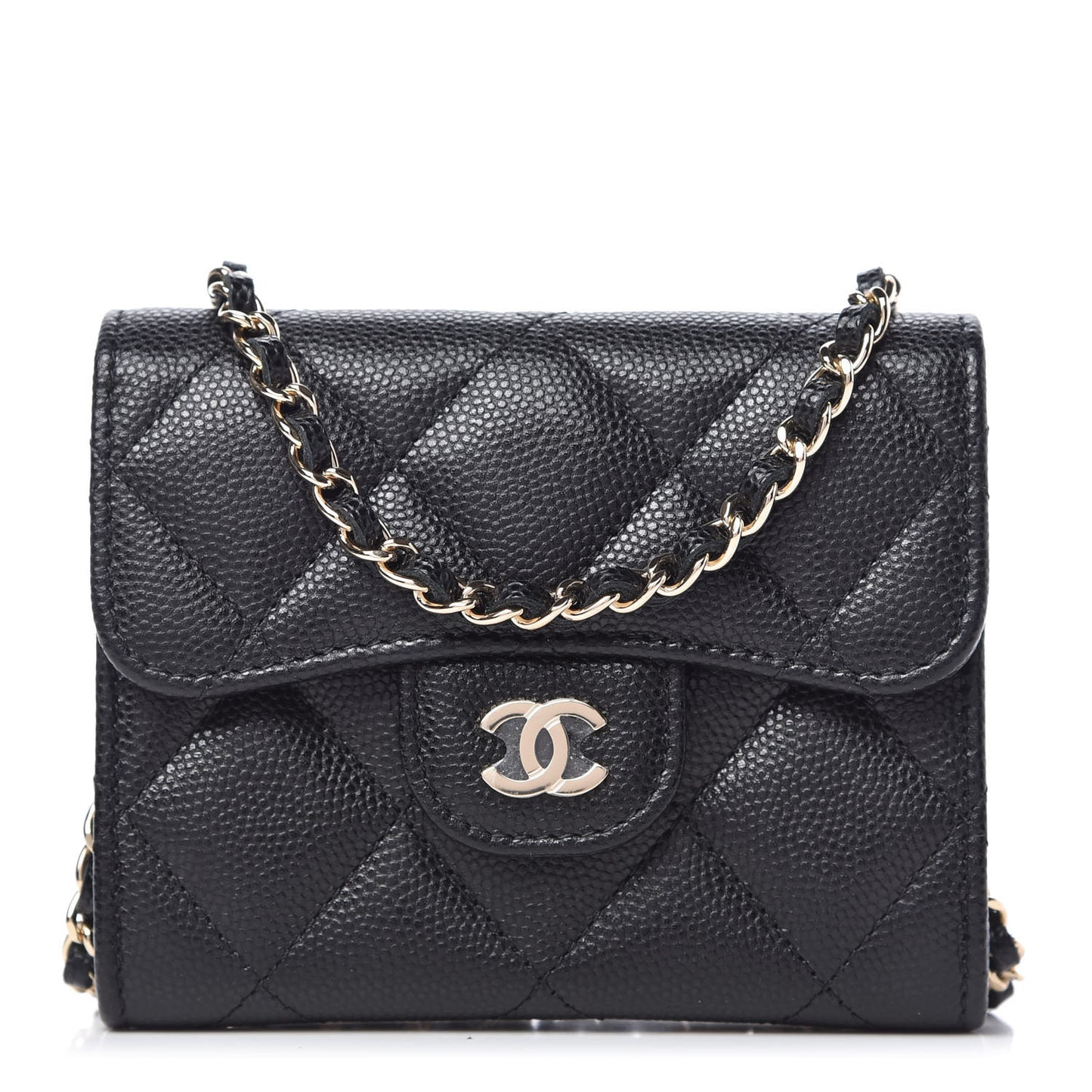 Caviar Quilted Flap Card Holder On Chain Black