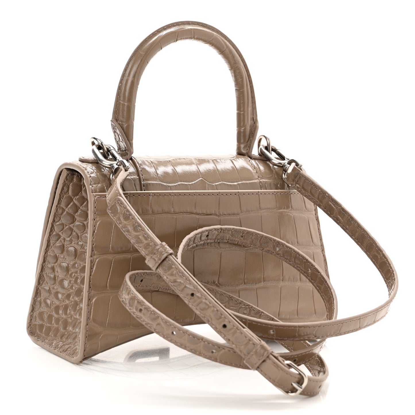 Shiny Calfskin Crocodile Embossed Hourglass Top Handle Bag XS Mink Grey