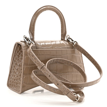 Balenciaga Shiny Calfskin Crocodile Embossed Hourglass Top Handle Bag XS Mink Grey 3 of 11