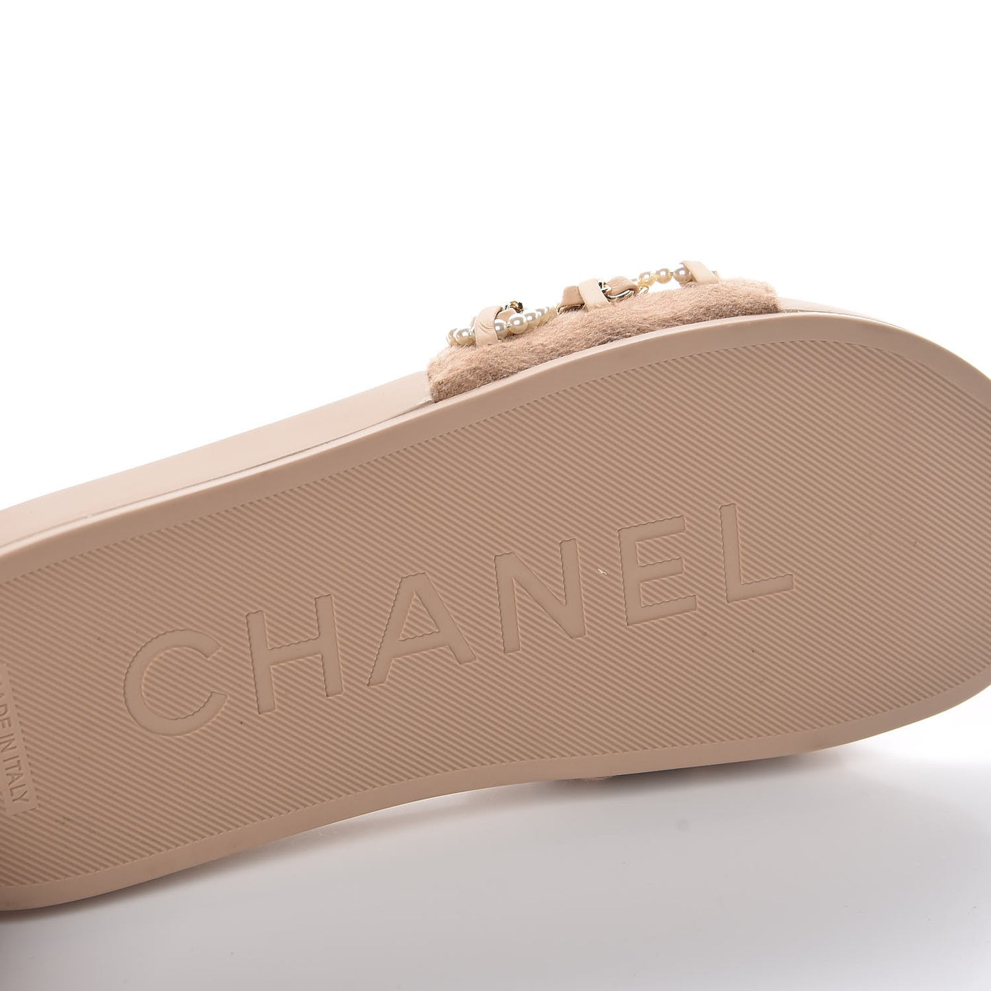 Felt Pearl Lambskin Chain Flat Sandals 39 Beige