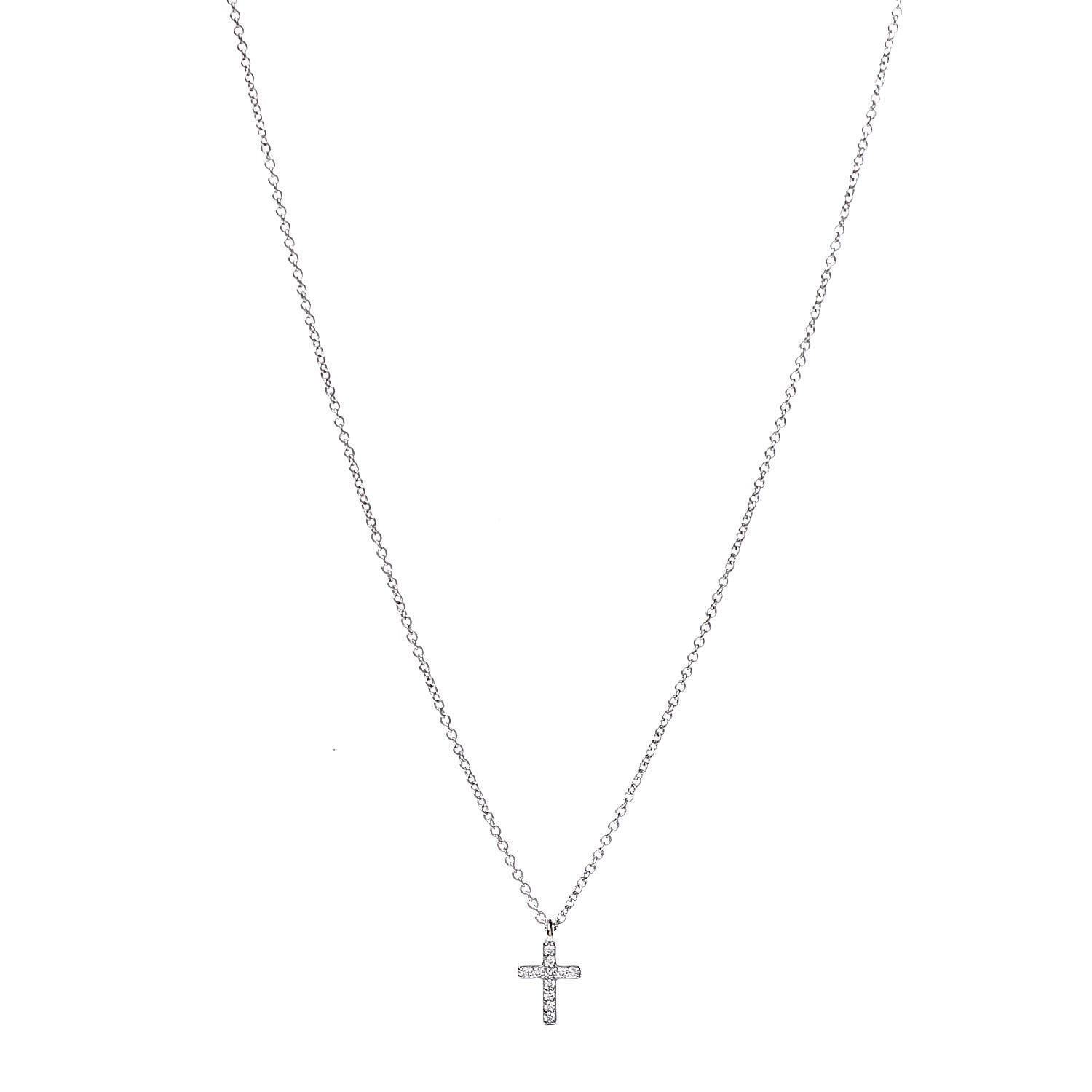 Tiffany 18K White Gold Diamond Mini Cross Pendant Necklace 1 of 7