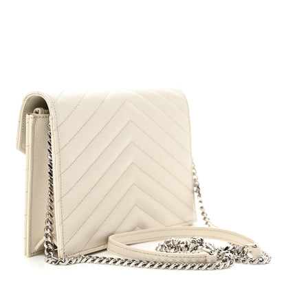Saint Laurent Grain De Poudre Matelasse Chevron Monogram Envelope Chain Wallet Icy White 3 of 10