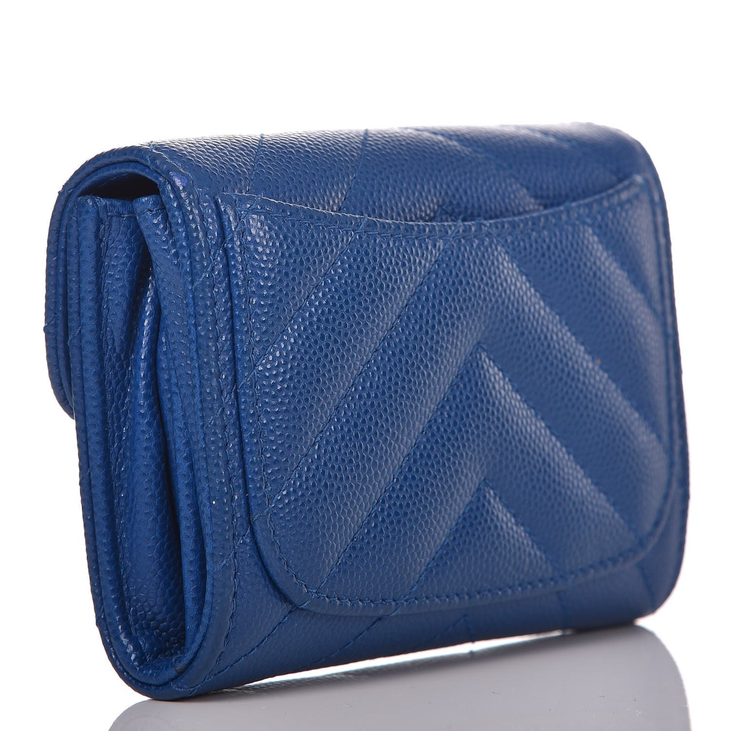 Caviar Chevron Quilted Card Holder Wallet Bright Blue
