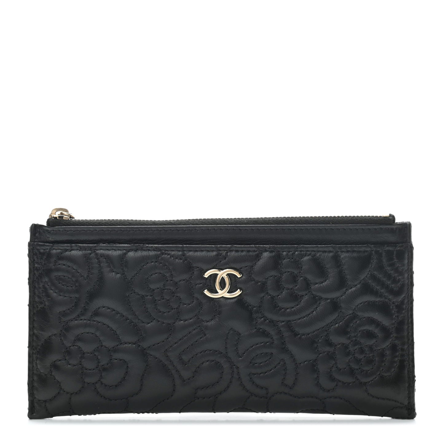 Lambskin Camellia Embossed Classic Zip Pouch Black