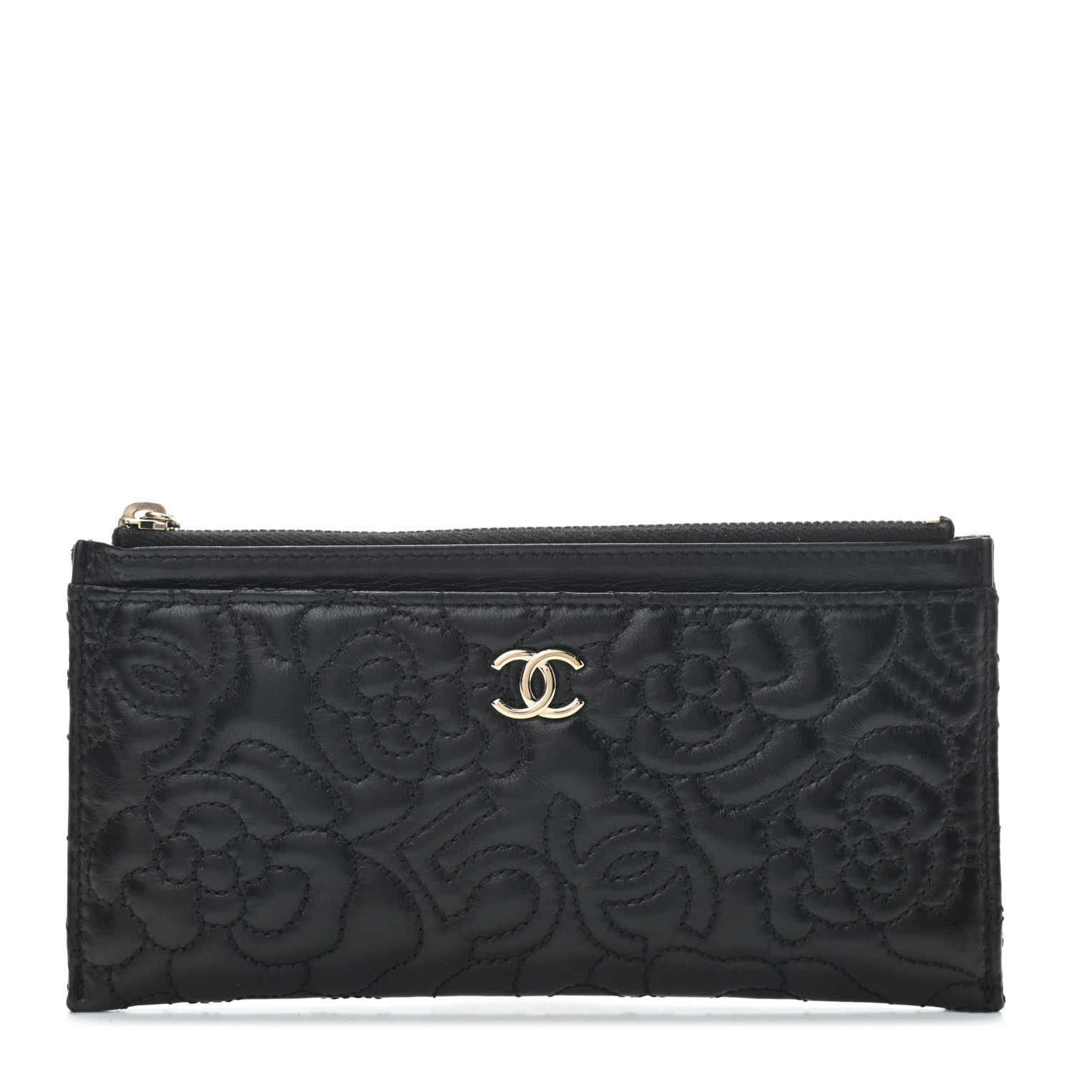 Chanel Lambskin Camellia Embossed Classic Zip Pouch Black 1 of 7