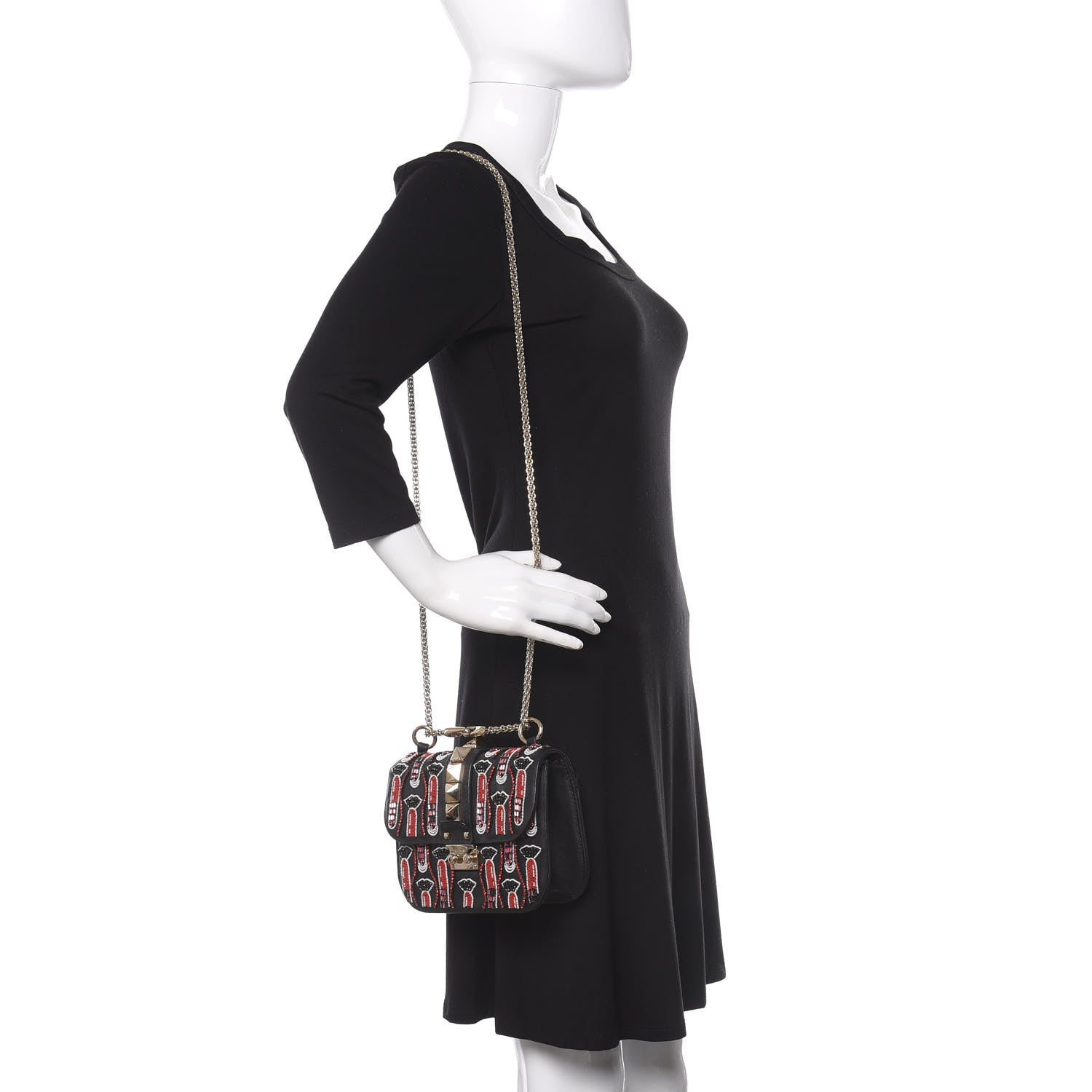 Valentino Garavani Vitello Crystal Lipstick Embellished Small Glam Lock Rockstud Flap Black 2 of 14