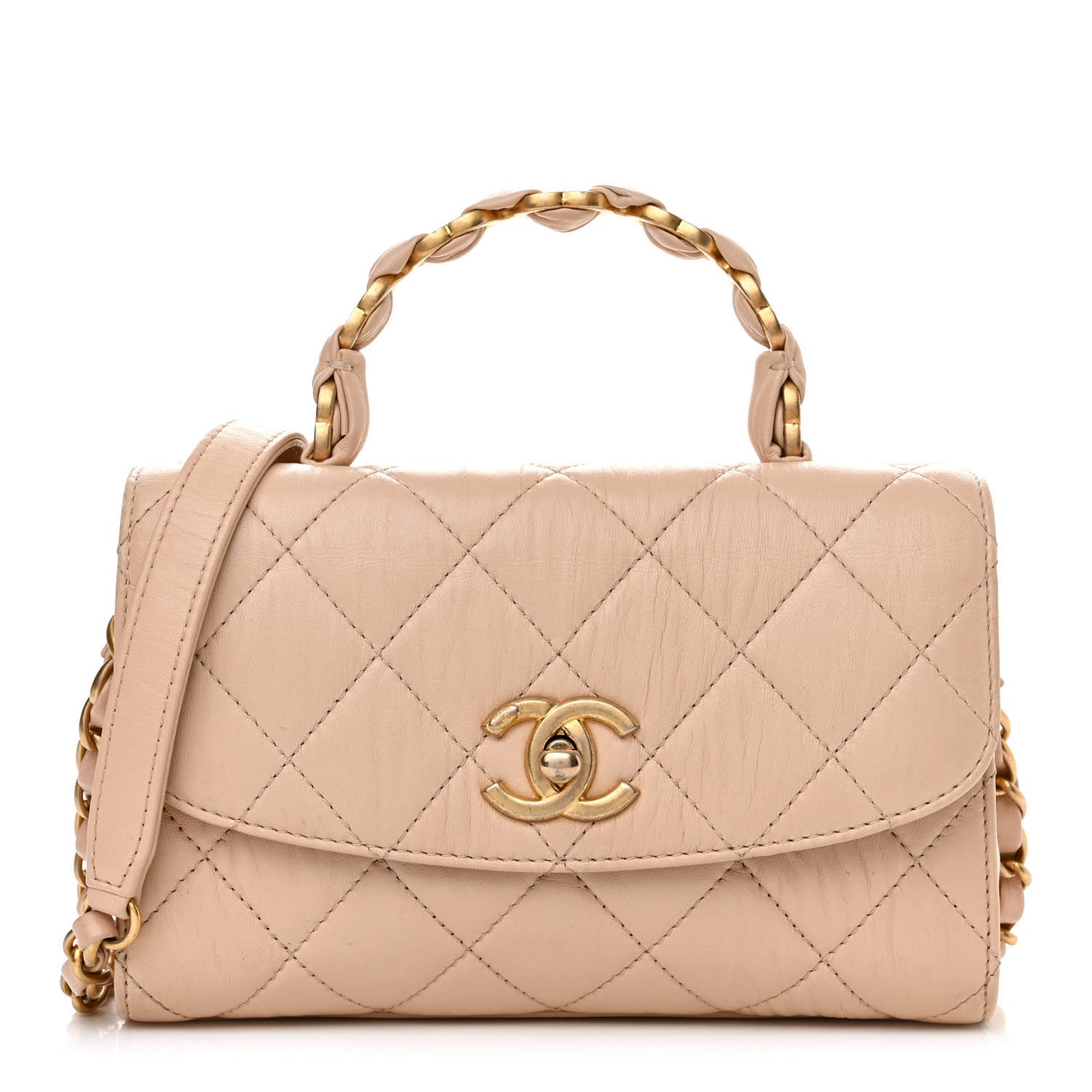 Crumpled Lambskin Quilted Mini CC Links Top Handle Flap Beige