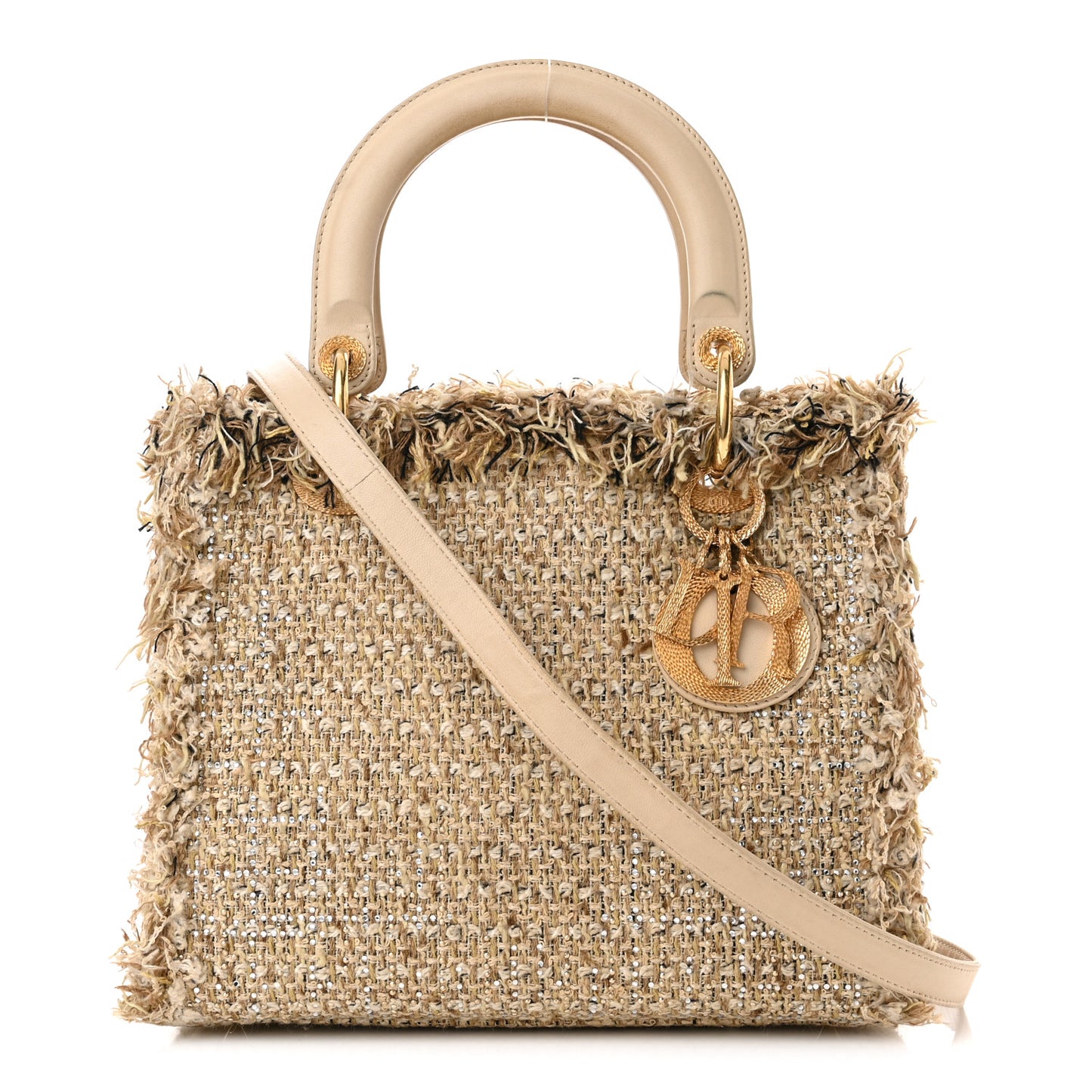 Tweed Crystal Fringe Medium Lady Dior Beige