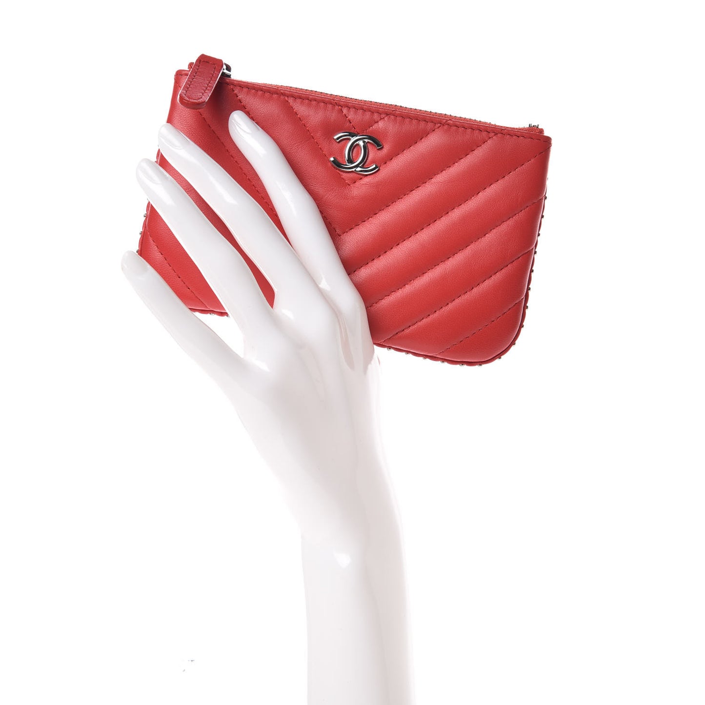 Lambskin Chevron Quilted Studded Small Cosmetic Case Red