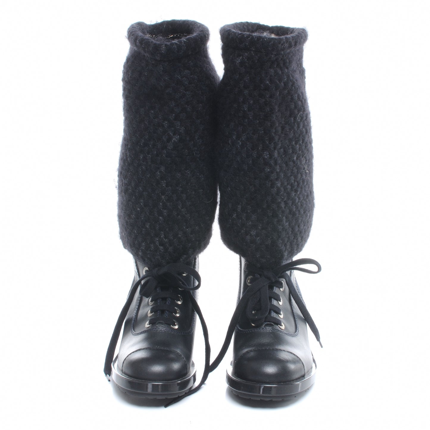 Tweed Leather Combat Boots 37 Navy