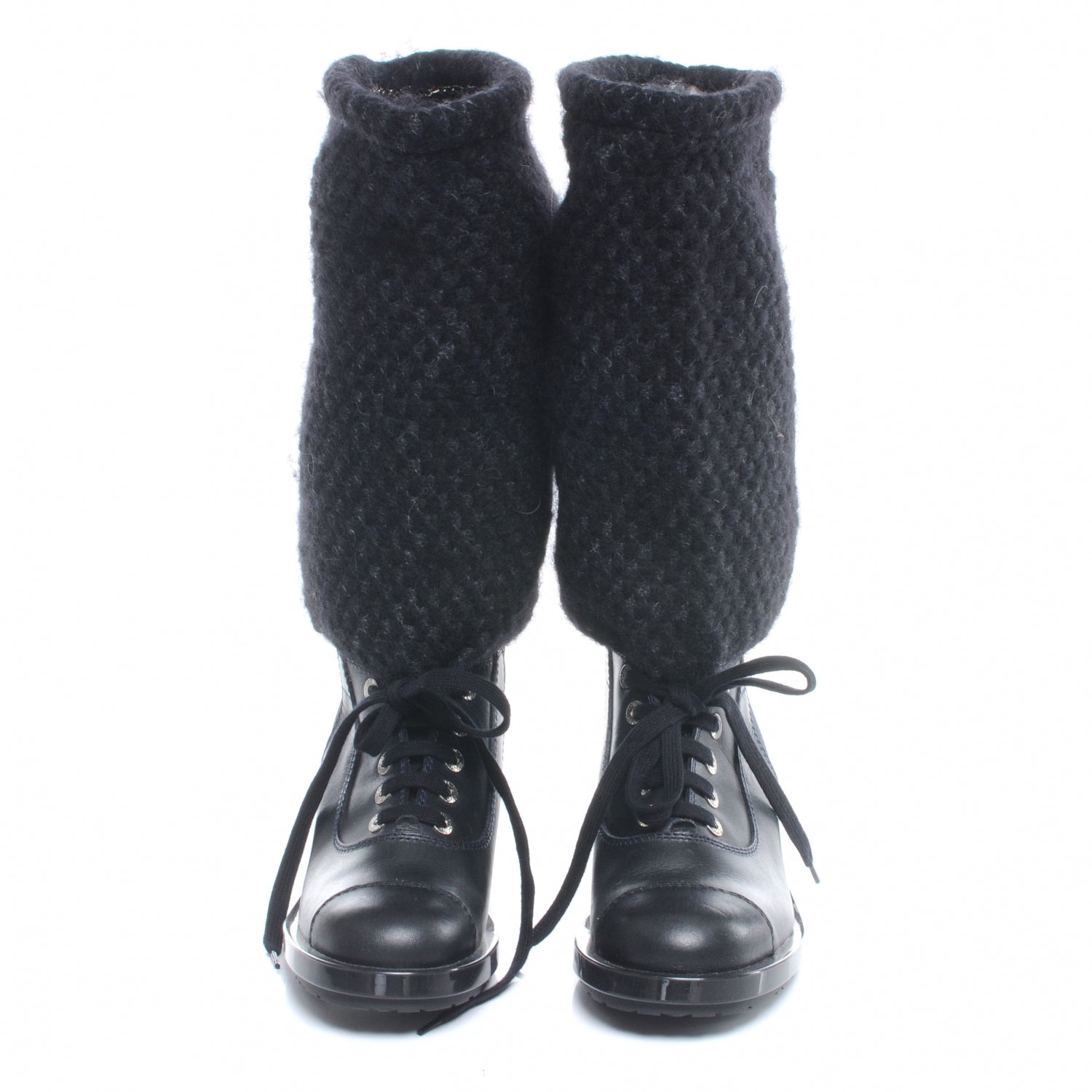 Chanel Tweed Leather Combat Boots 37 Navy 2 of 5
