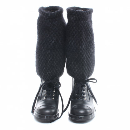 Chanel Tweed Leather Combat Boots 37 Navy 2 of 5