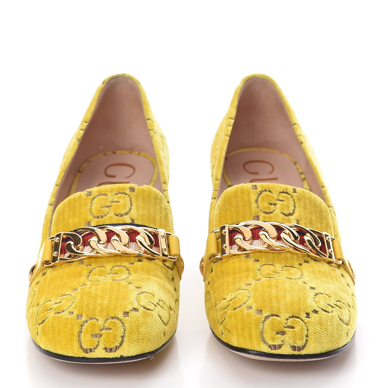 Gucci Velvet GG Monogram Sylvie Web Chain Mid Heel Loafers 37.5 Sunny Beige 2 of 11