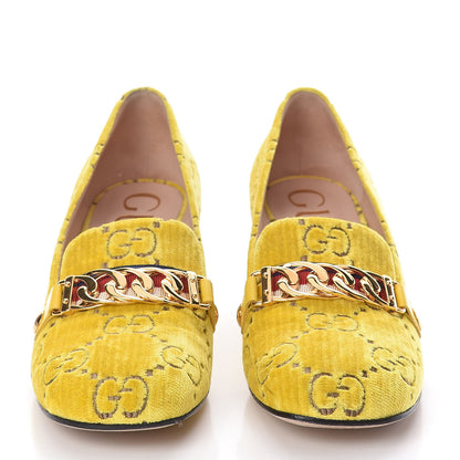 Gucci Velvet GG Monogram Sylvie Web Chain Mid Heel Loafers 37.5 Sunny Beige 2 of 11