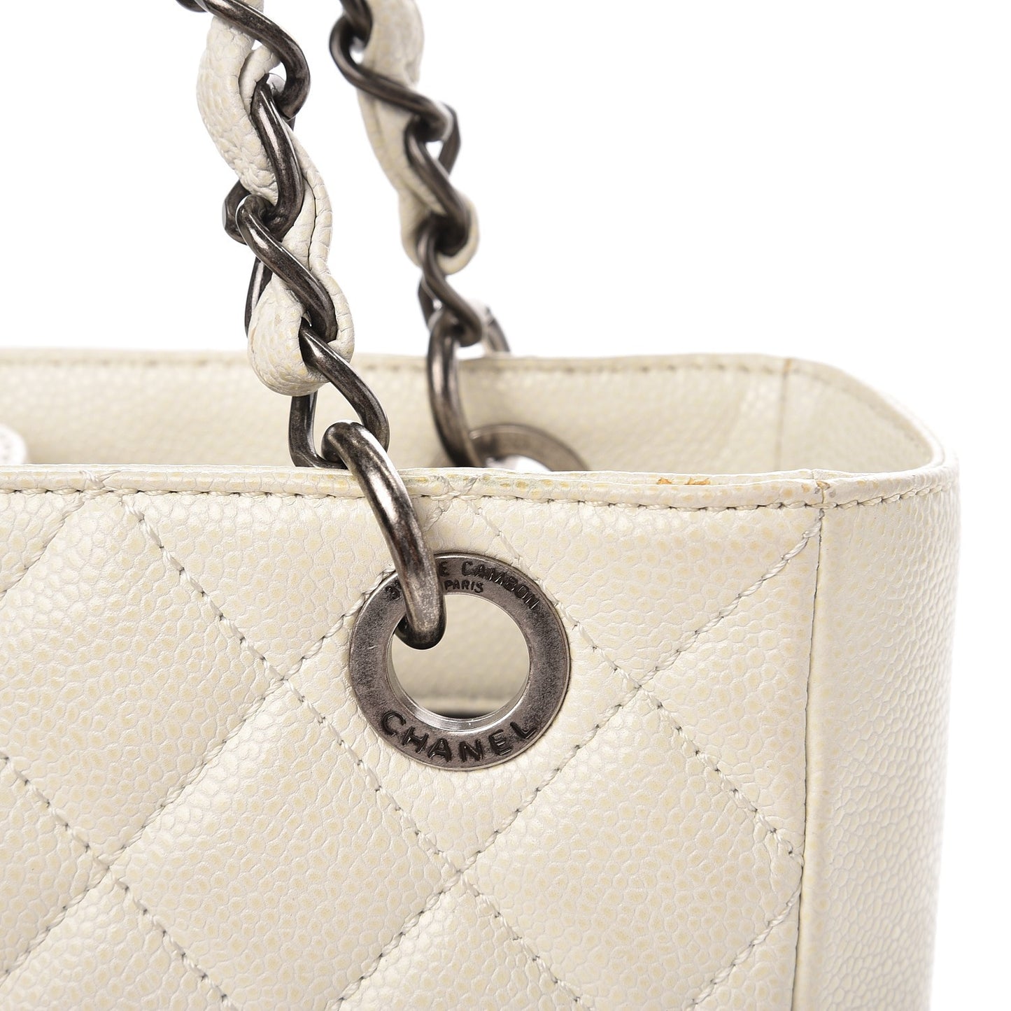 Caviar Quilted Petit Shopping Tote PST White