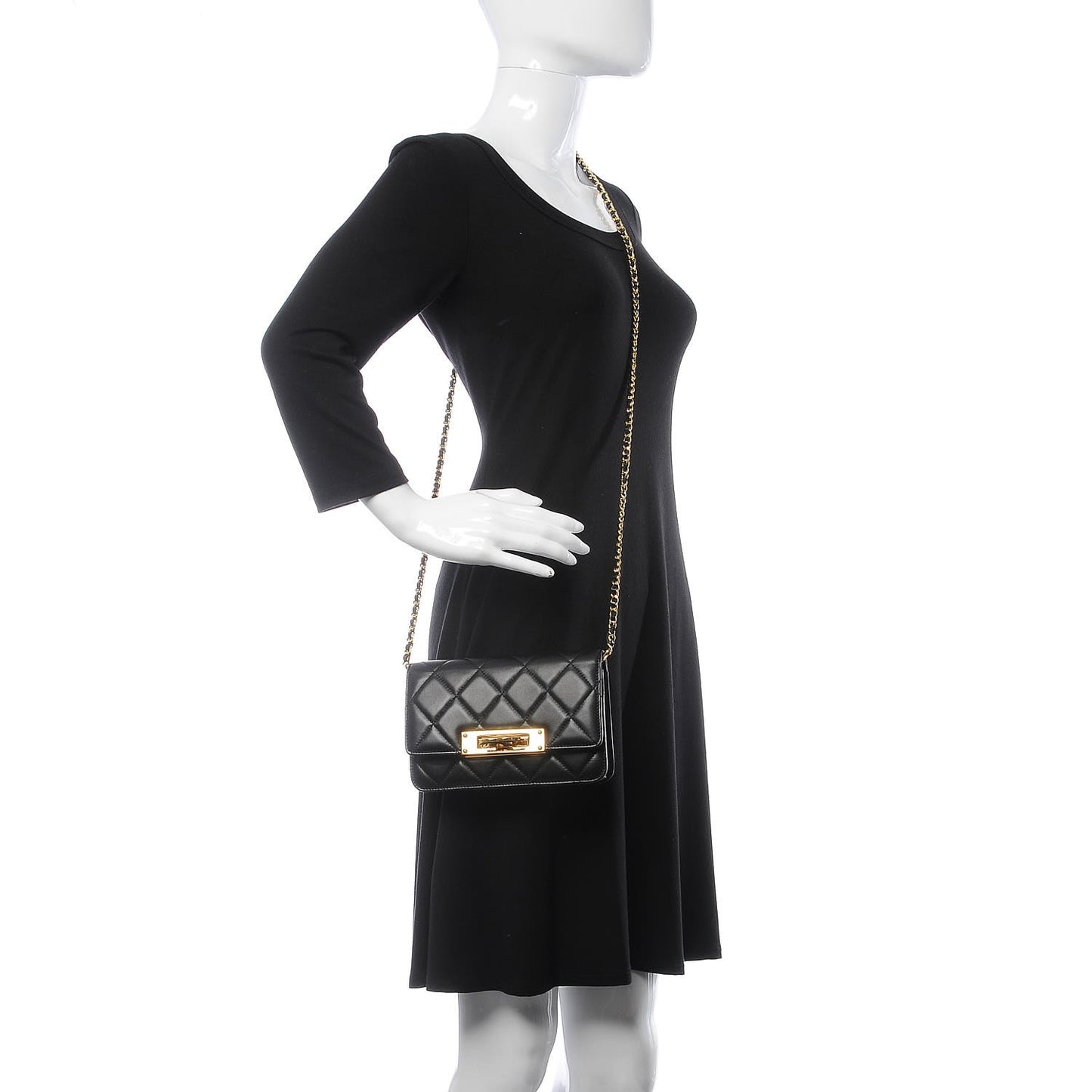 Lambskin Quilted Golden Class Wallet on Chain WOC Black