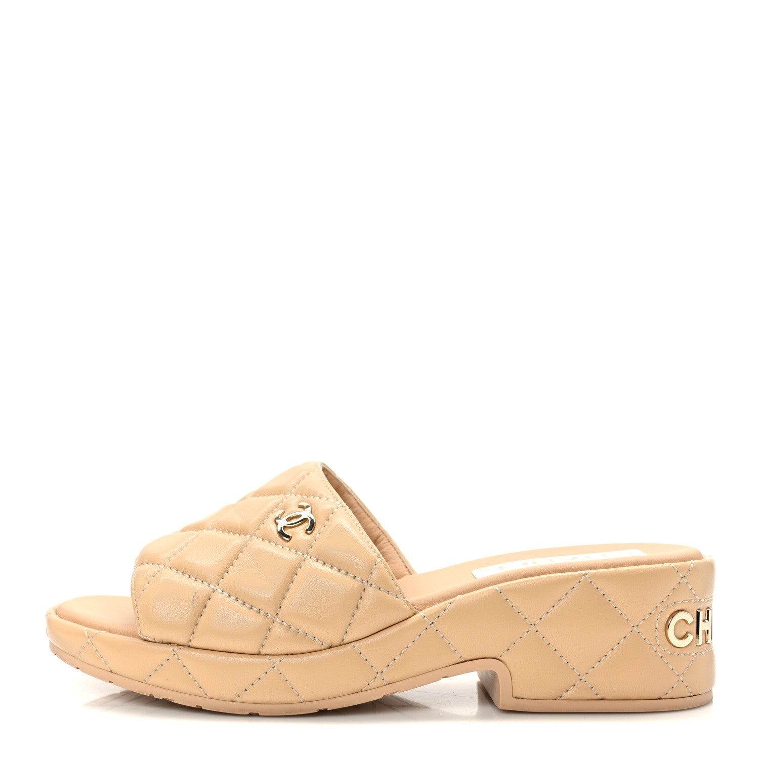 Chanel Lambskin Quilted CC Mules Wedge Sandals 38 Beige 1 of 10